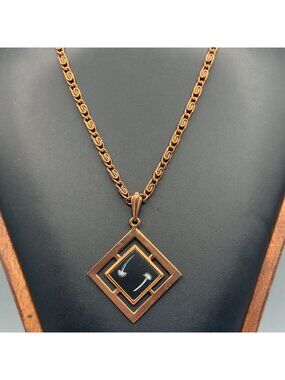 Vintage Copper Pendant Necklace Black Enamel Geometric Mod Art Deco Style